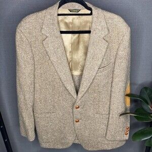 Mens Warehouse Pure Wool Herringbone Elbow Patch Brown Tweed Sport Coat Blazer